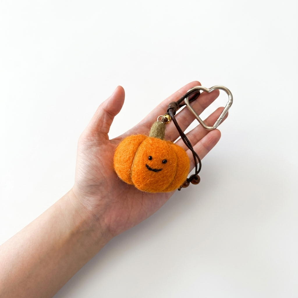 Smiley Face Orange Pumpkin Wool Felt Bag Charm Key Chain