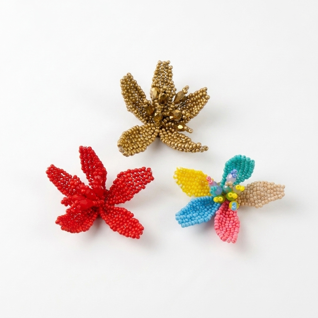 5pc, Handmade Bronze Blooming Flower Beaded Charm Ornament