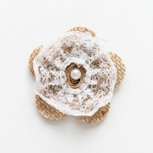 Rustic Burlap Lace Flower Embellishment Component w/ Pearl Center