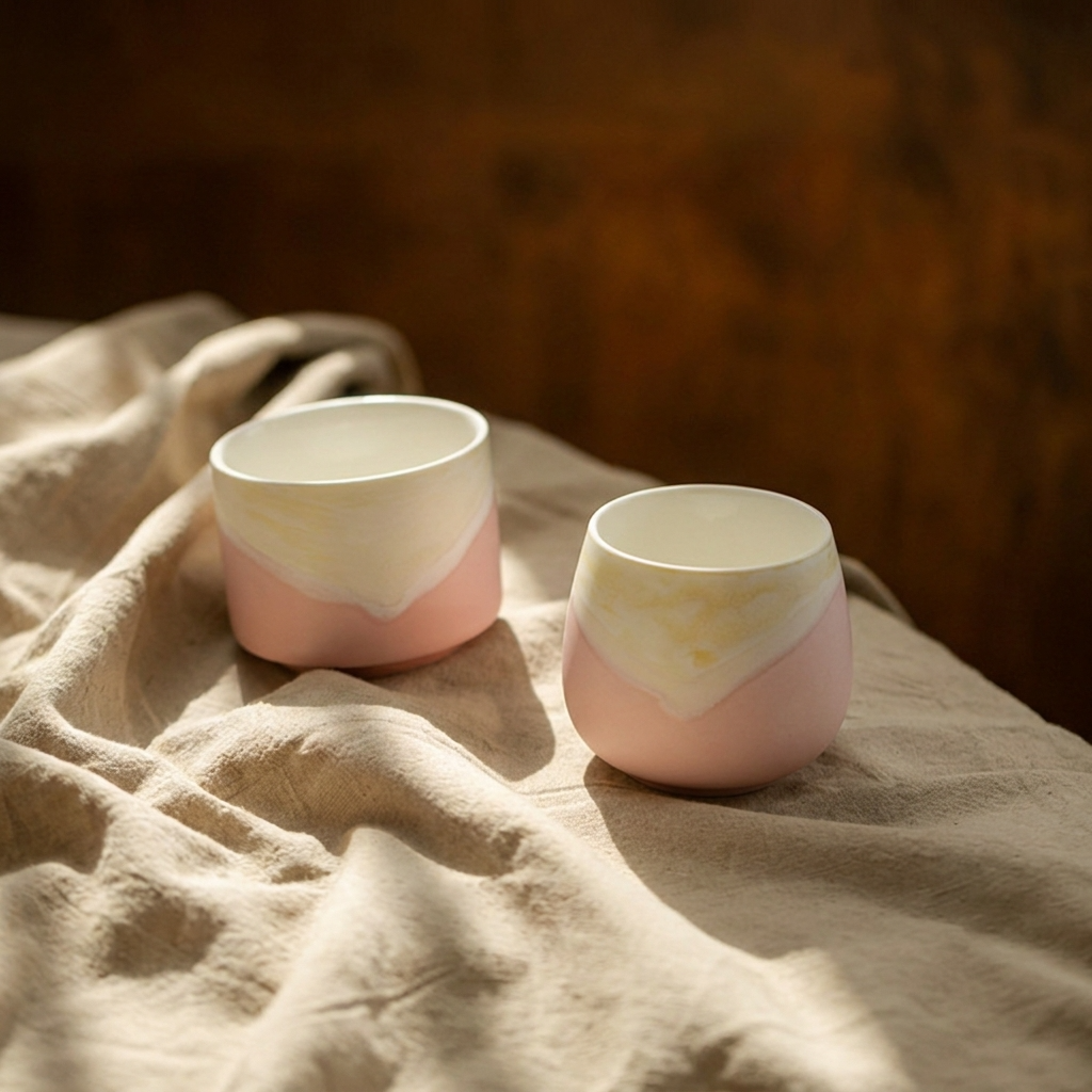 3pc, Soft Pink Dipped Cream Glaze Matte Ceramic Candle Vessel Jar