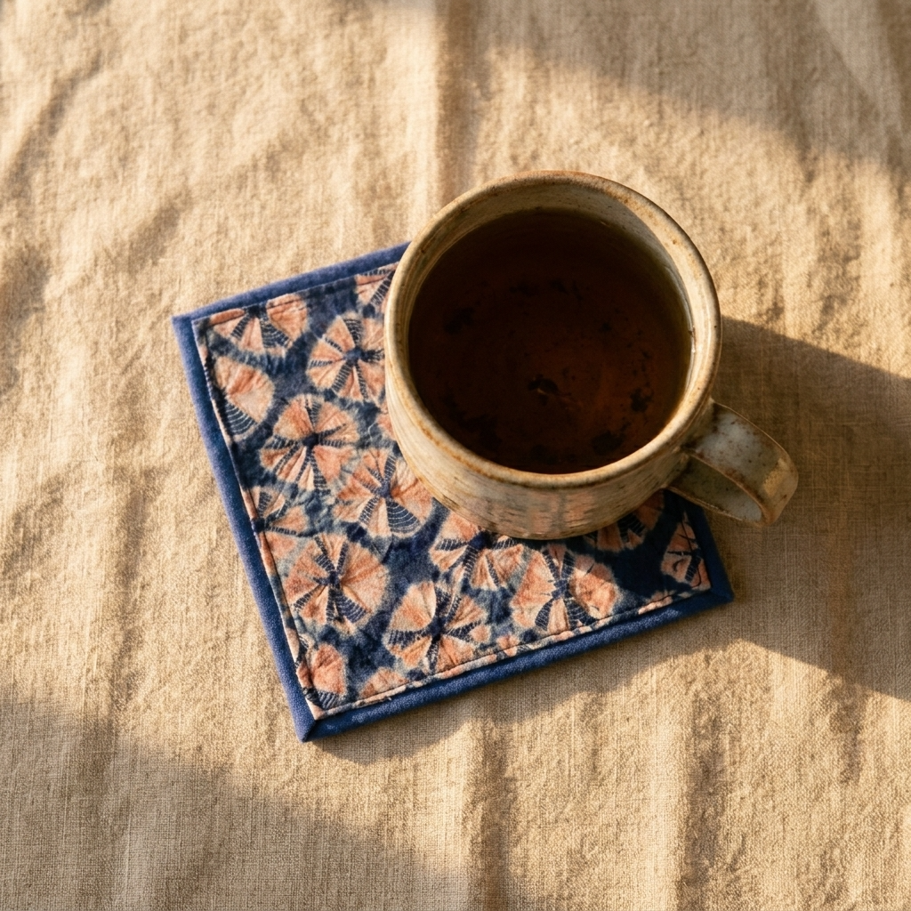 2pc, Red Blue Shibori Tie-Dye Floral Cotton Fabric Table Coaster Mat