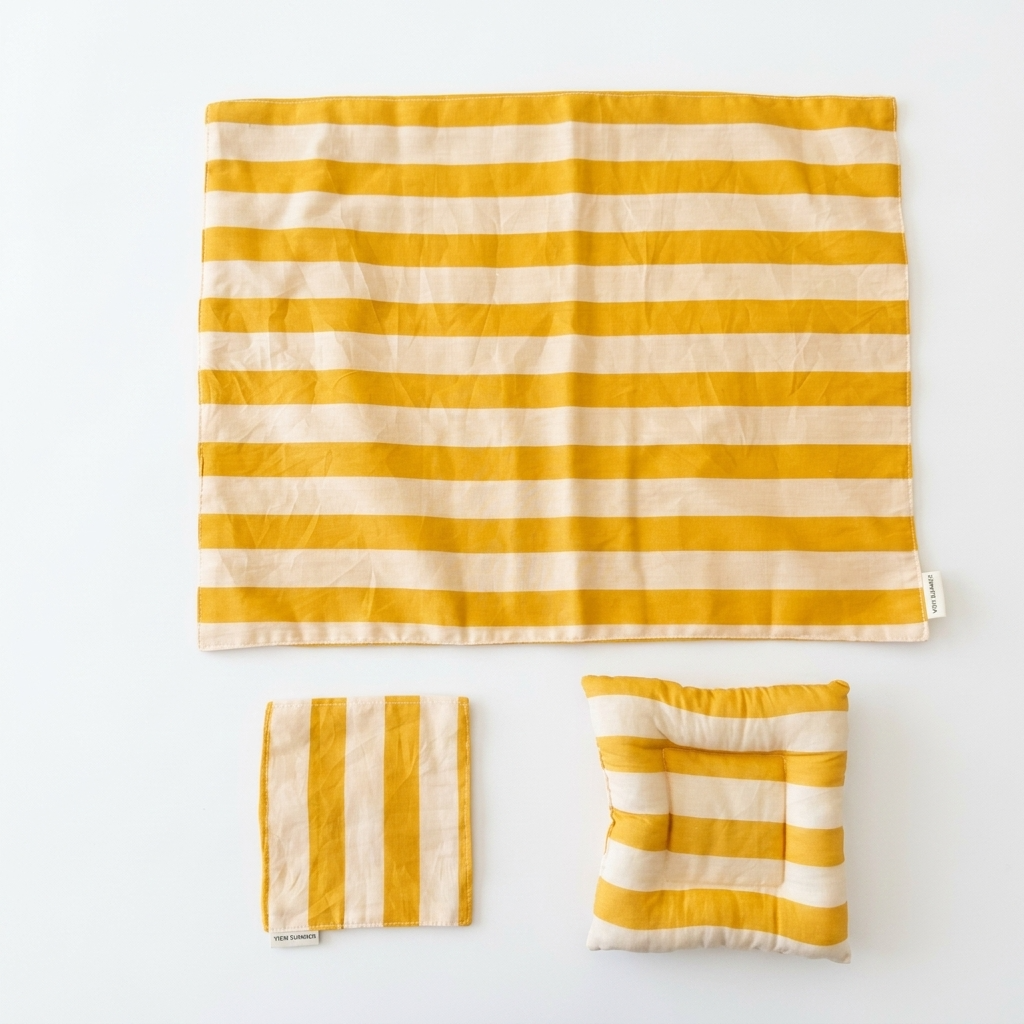 Citron Yellow and Cream Beige Striped Placemat & Coaster