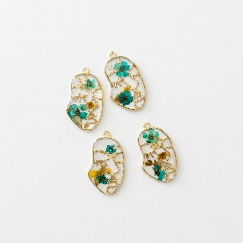 5pc, Abstract Face Gold Rim Real Dried Flower Resin Jewelry Pendant Charm