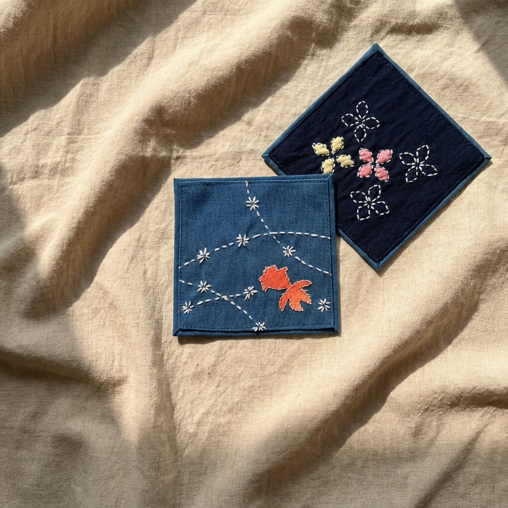 2pc, Square Hand Embroidered Cotton Fabric Coaster Mat