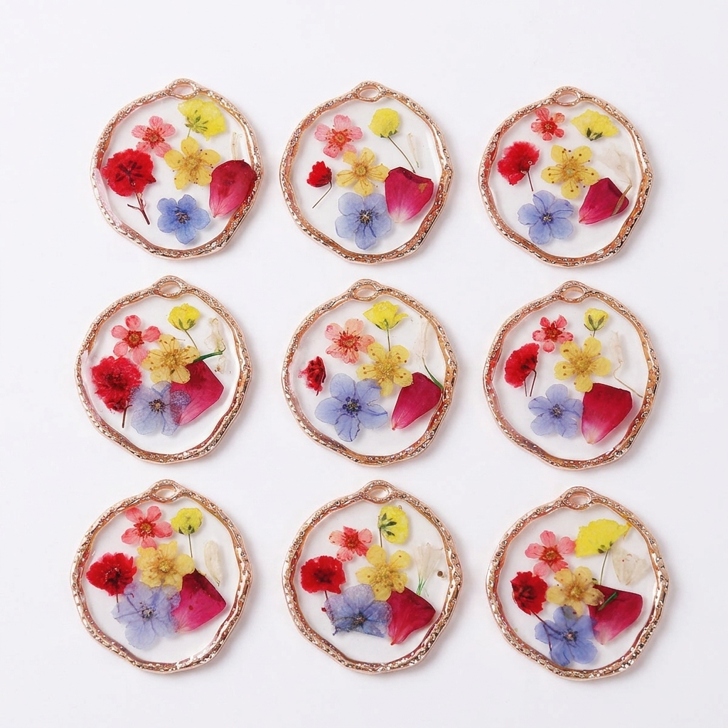 5pc, Circle Round Gold Rim Real Dried Flower Resin Jewelry Pendant Charm