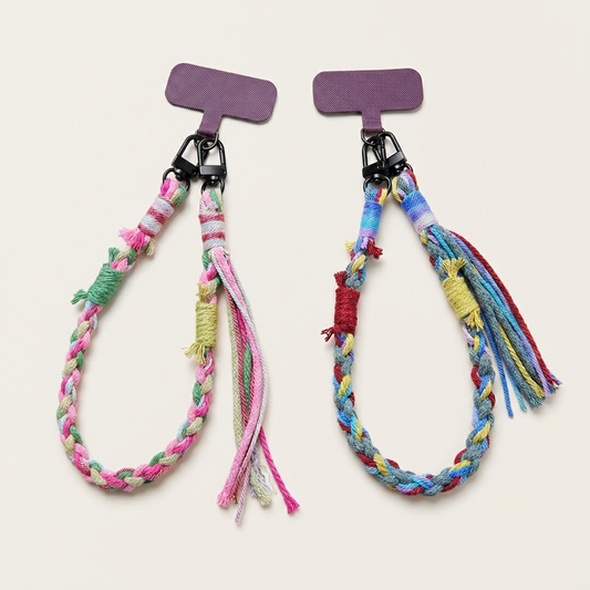 2pc, 2 colors Handmade Colorful Tassel Braided Woven Cotton Fabric Phone Chain Strap