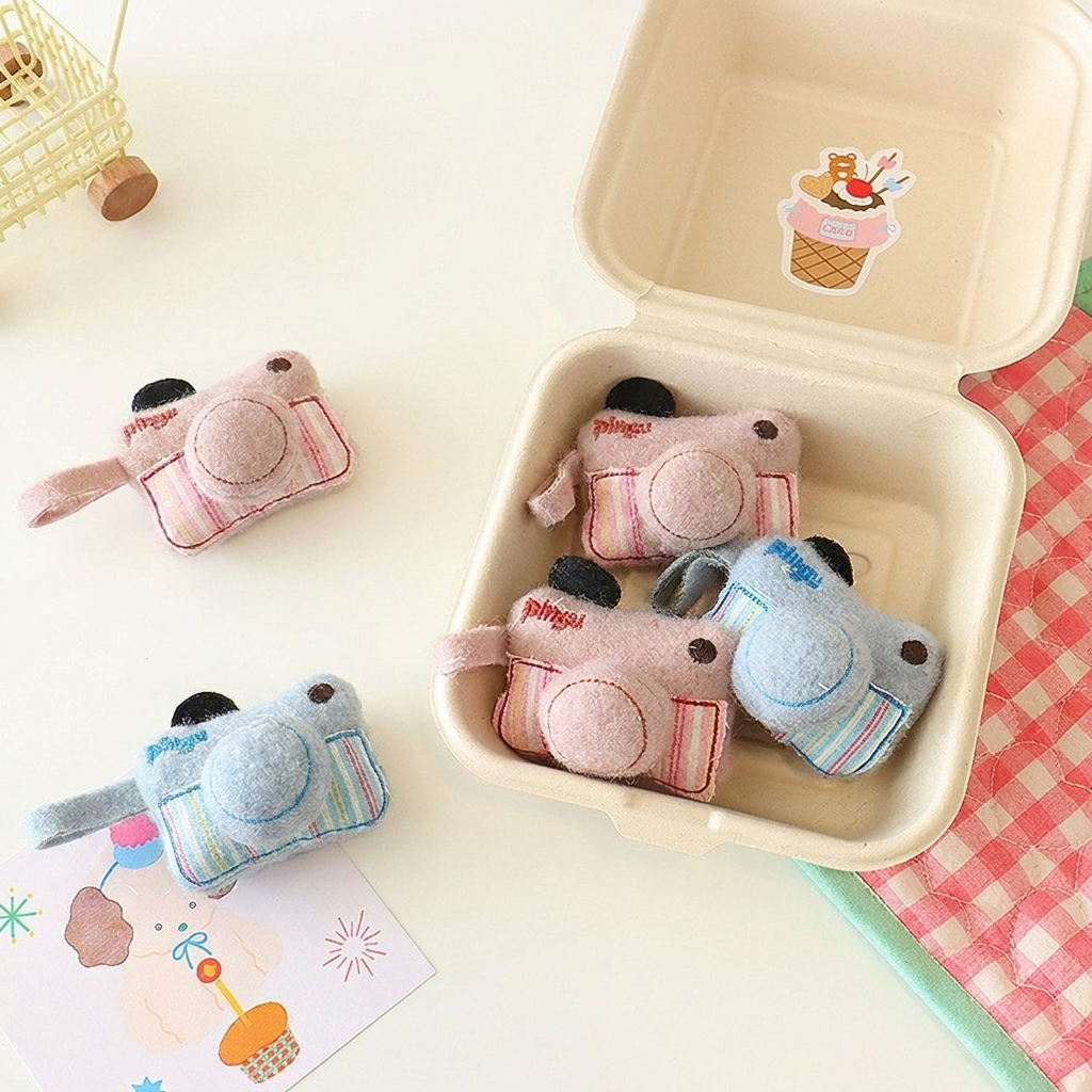 5pc, Pink Blue Fabric Camera Ornament Charm Brooch Pin