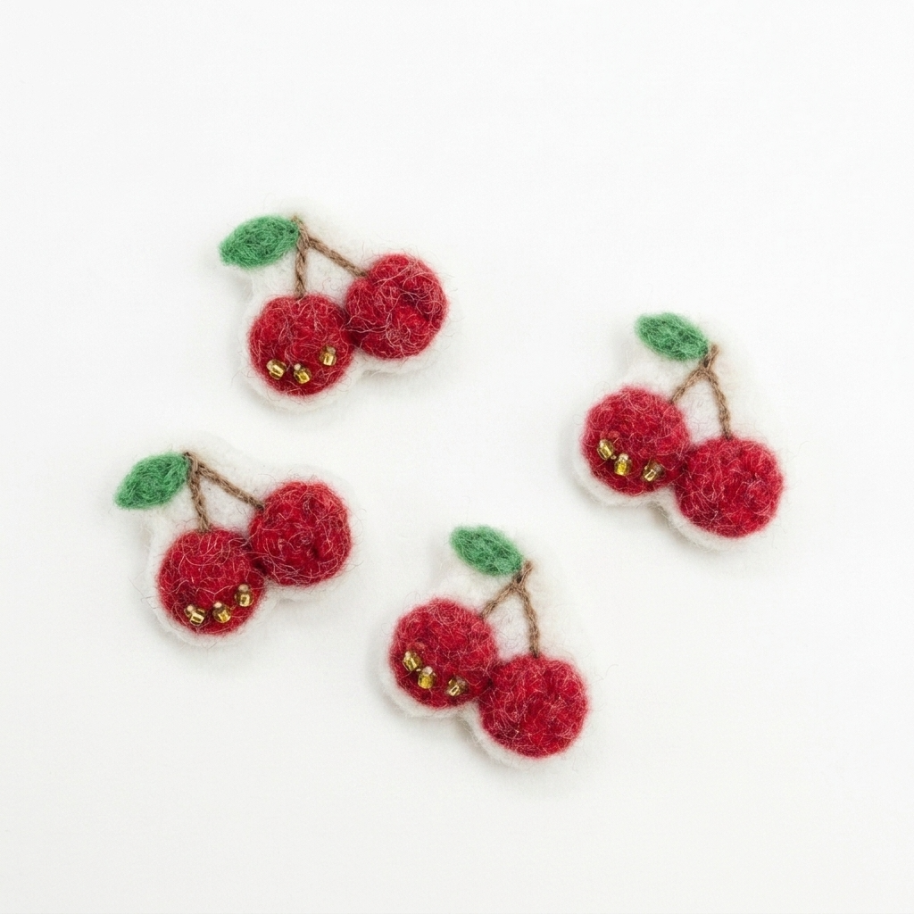 Beaded Sparkle Red Cherry Wool Felt Charm Component