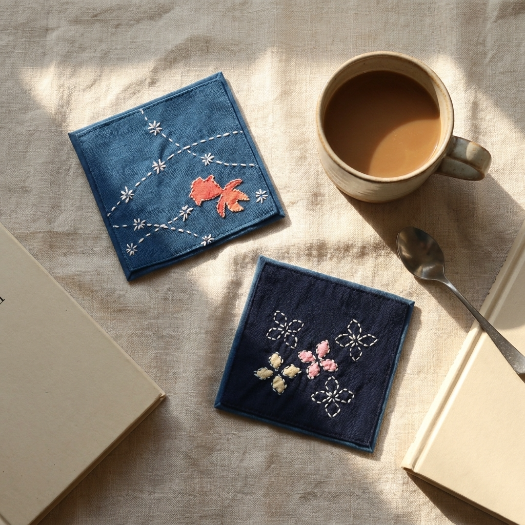2pc, Square Hand Embroidered Cotton Fabric Coaster Mat