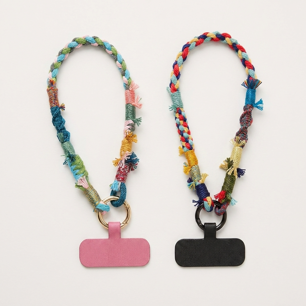 2pc, 2 colors Handmade Colorful Braided Woven Cotton Fabric Phone Chain Strap