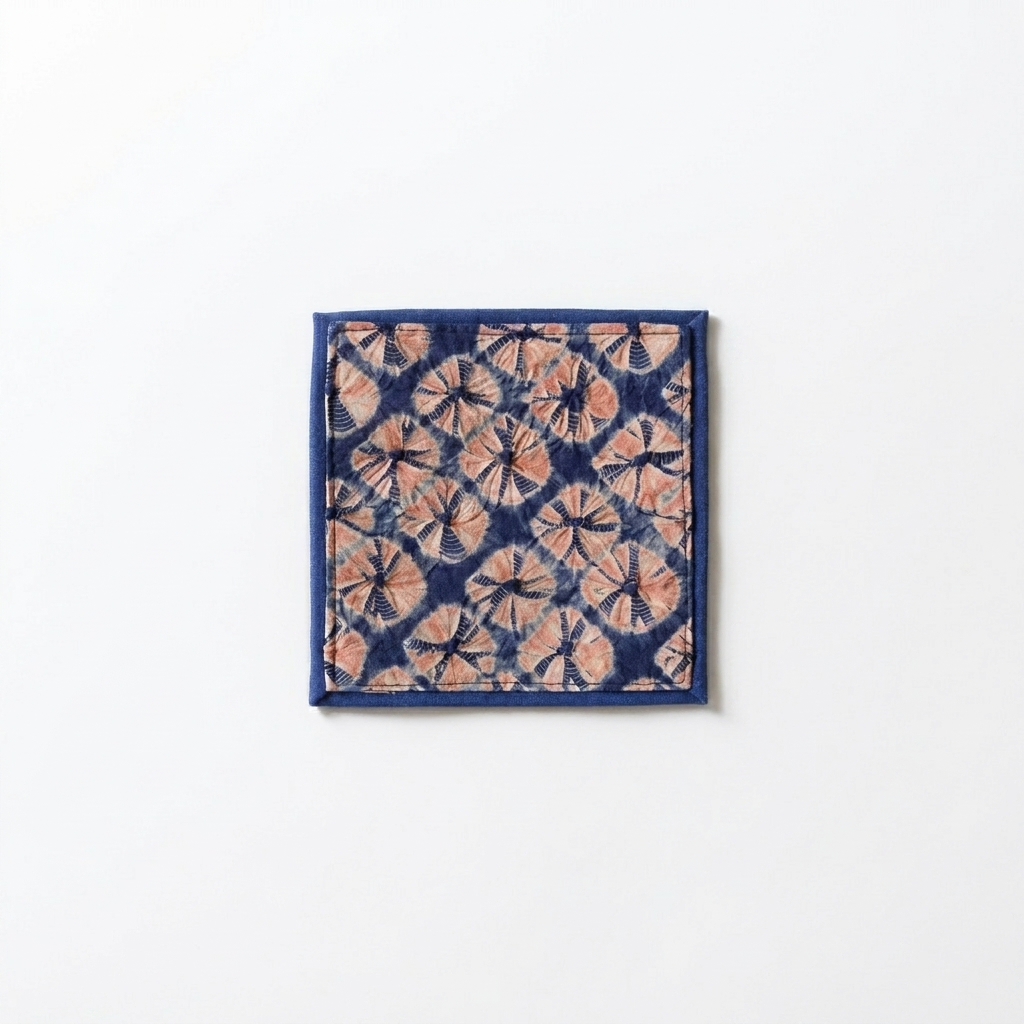 2pc, Red Blue Shibori Tie-Dye Floral Cotton Fabric Table Coaster Mat
