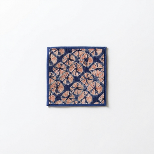2pc, Red Blue Shibori Tie-Dye Floral Cotton Fabric Table Coaster Mat