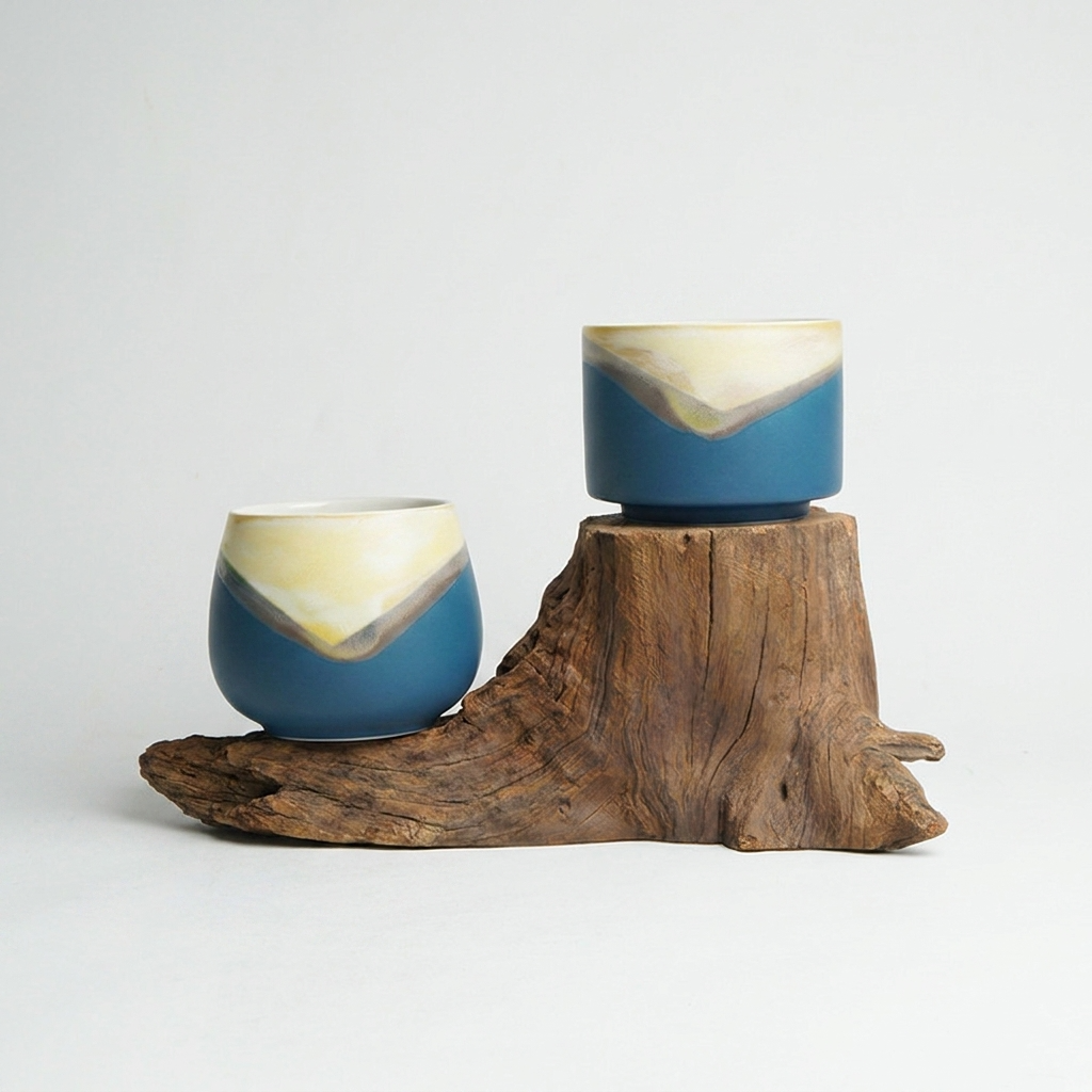 3pc, Ocean Teal Dipped Yellow Glaze Matte Ceramic Candle Vessel Jar