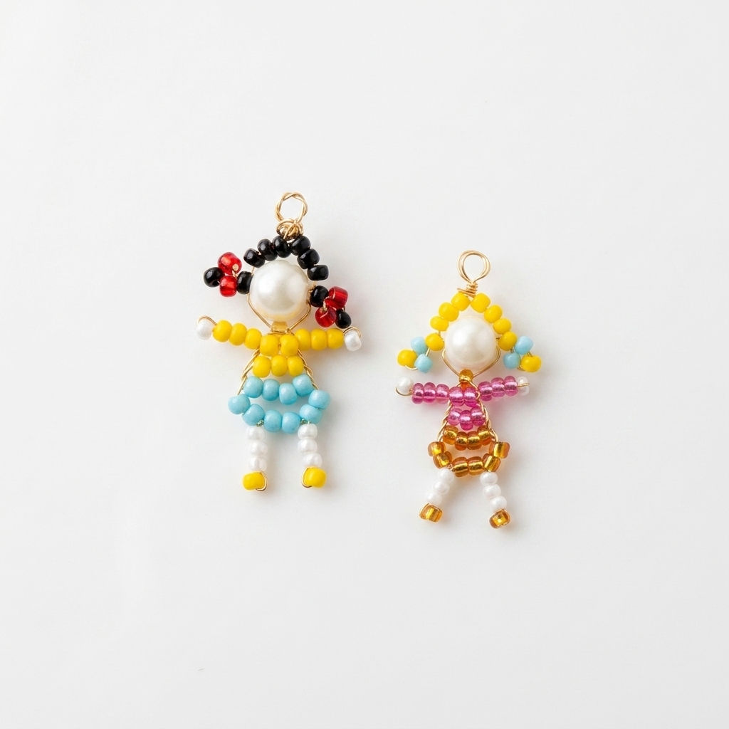 5pc, Handmade Miniature Sweetheart Girl Doll Beaded Charm Ornament