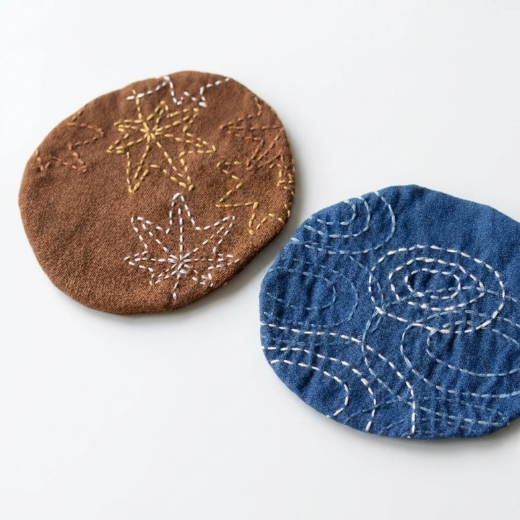 2pc, Circle Round Hand Embroidered Cotton Fabric Coaster Mat