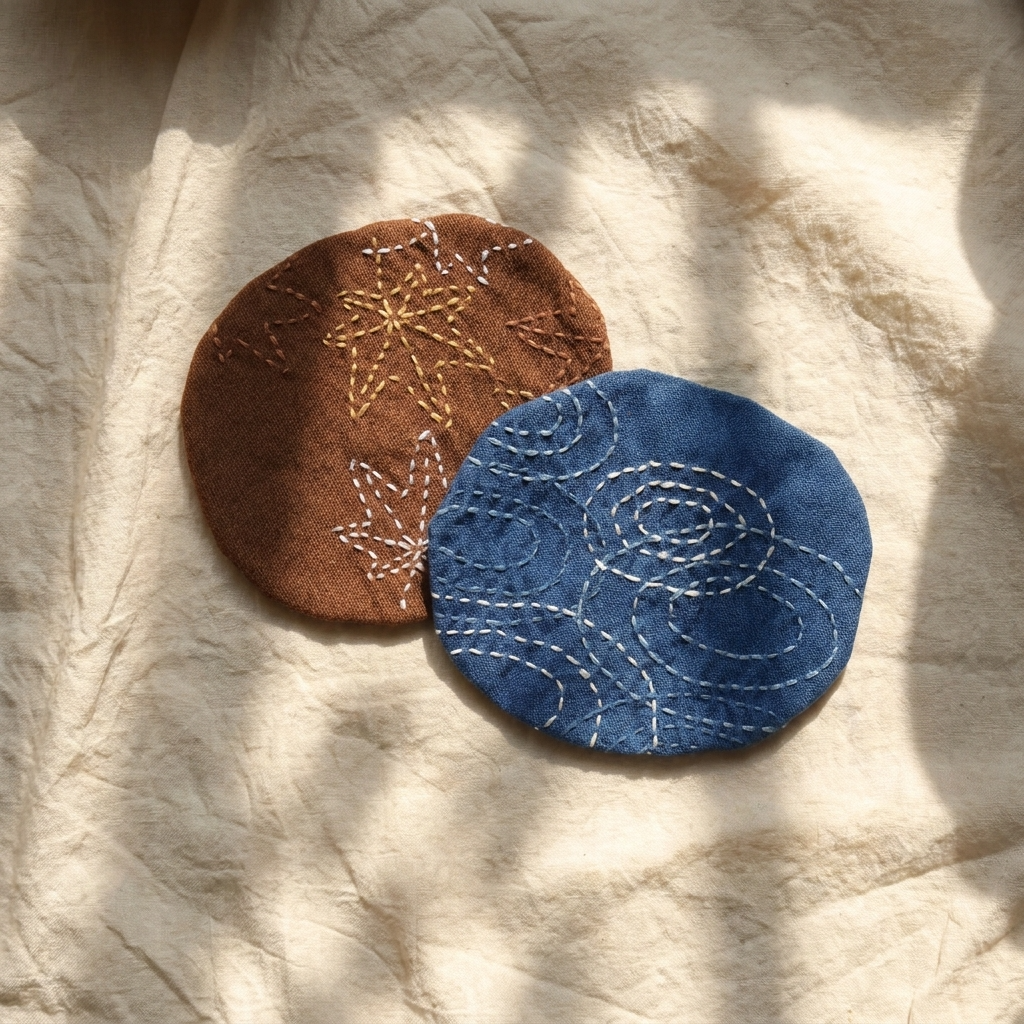 2pc, Circle Round Hand Embroidered Cotton Fabric Coaster Mat