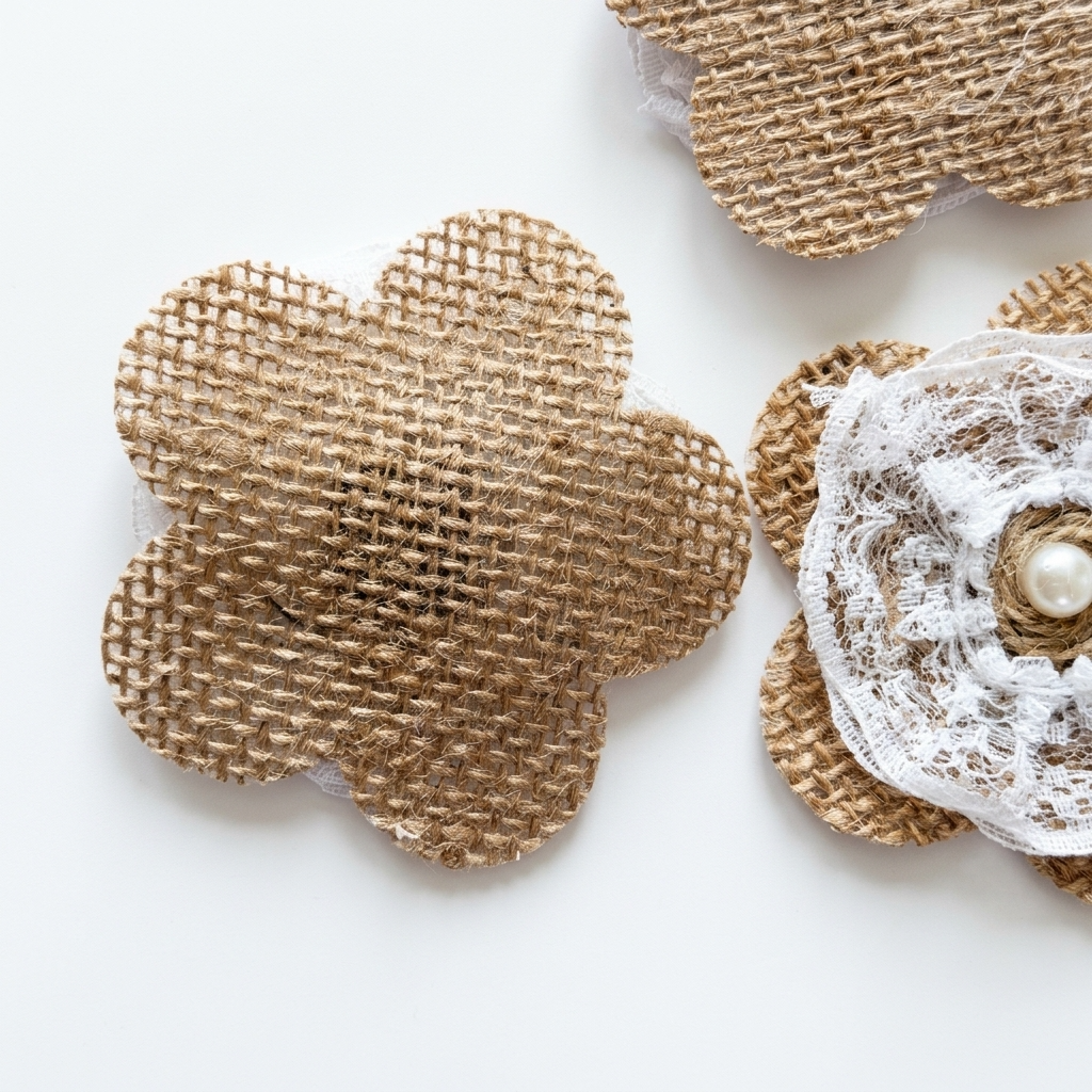 Rustic Burlap Lace Flower Embellishment Component w/ Pearl Center