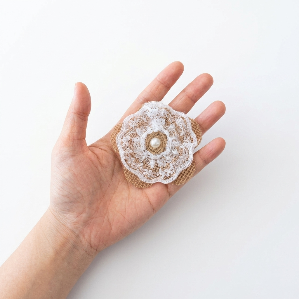 Rustic Burlap Lace Flower Embellishment Component w/ Pearl Center