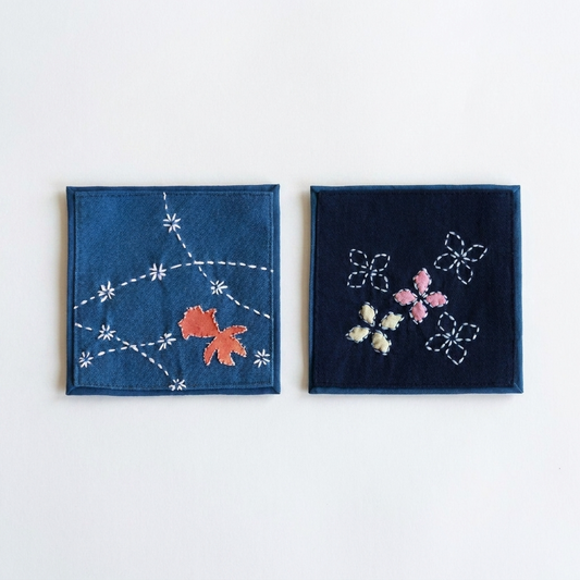 2pc, Square Hand Embroidered Cotton Fabric Coaster Mat