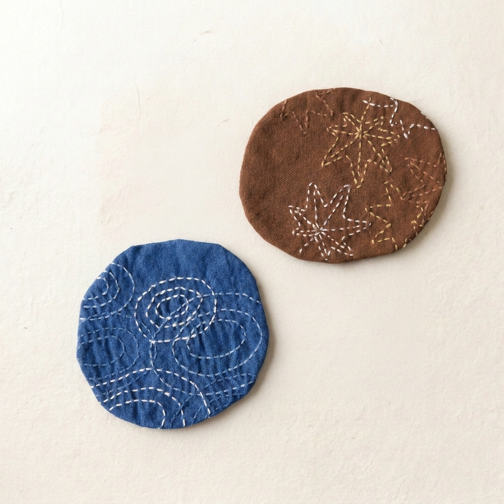 2pc, Circle Round Hand Embroidered Cotton Fabric Coaster Mat