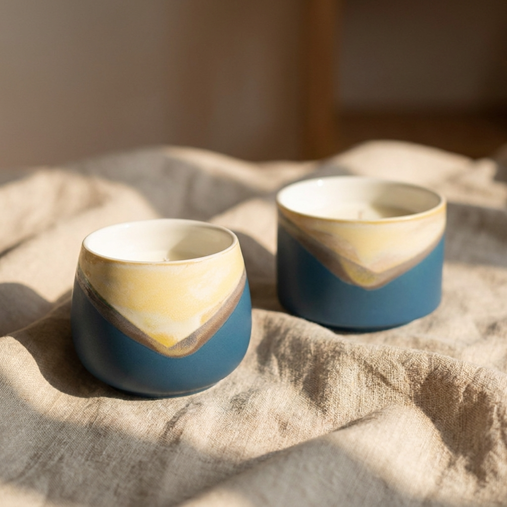3pc, Ocean Teal Dipped Yellow Glaze Matte Ceramic Candle Vessel Jar